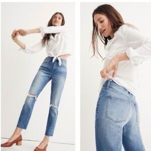 Madewell High-Rise Slim‎ Crop Boyjean Women 28 Blue Excellent Distressed Raw Hem